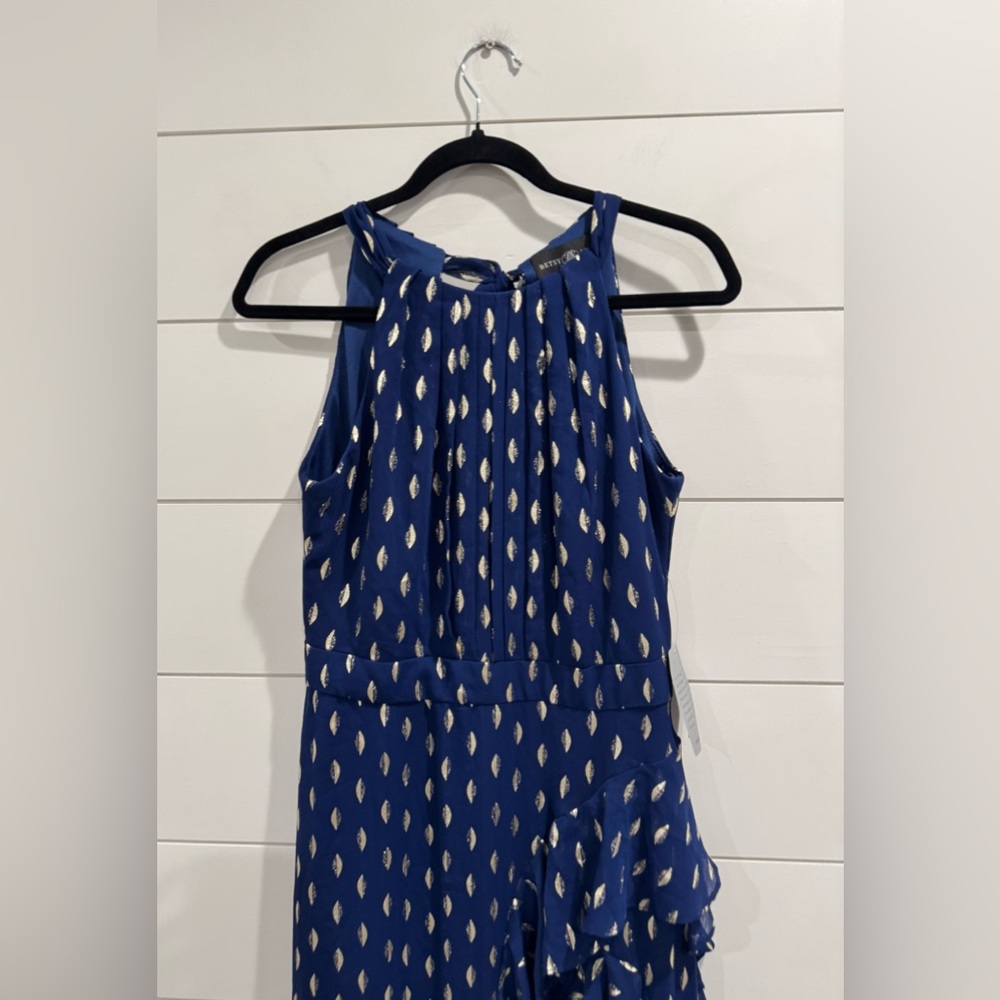 Betsy & Adam blue Metallic Ruffle Halter Gown - Picture 4 of 7